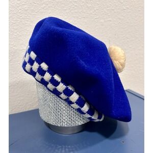 Vintage 1960s Fleur de Lis Royal Blue Wool Curling Tam Beret Dorothea Knitting